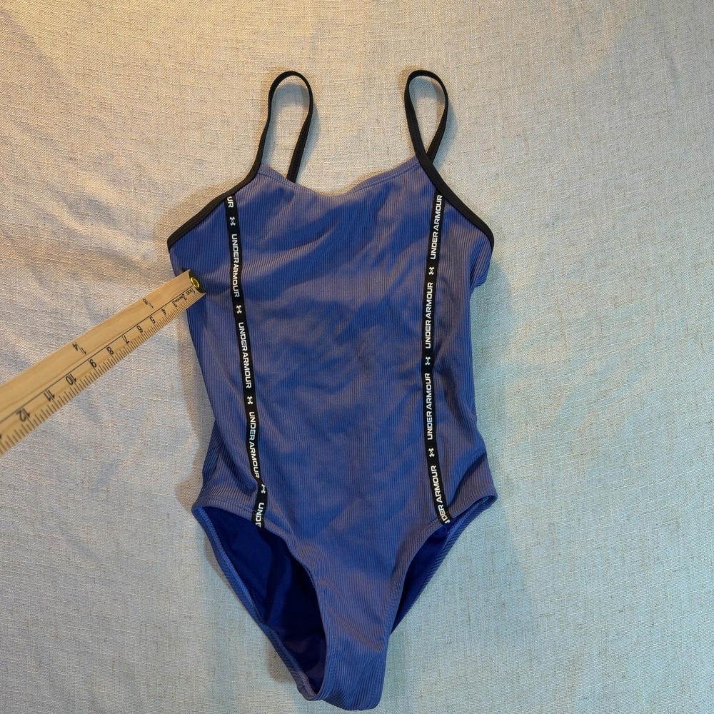 Under Armour One-Piece Swimsuit Ribbed Logo Tape Blue Black Girls Size 10